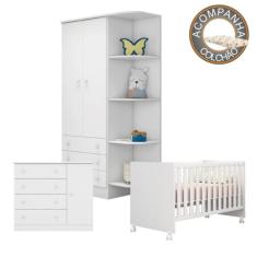 Kit Quarto de Bebê Completo Berço 1344 Com Rodízios Com Colchão Nana Nenem, Guarda Roupa 825 e Cômoda 2561 Linha Doce Sonho Qmovi Umaflex