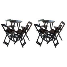 Kit 2 Mesas Bistrô Dobraveis Em Madeira Padrão Com 4 Banquetas Altas - Tabaco - Marrom