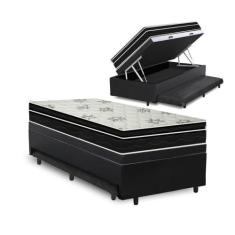 Cama Box Baú e Auxiliar Solteiro Preta + Colchão Molas - Ortobom - Phy