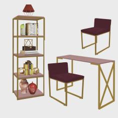 Kit Escritório Bex 2 Cadeiras Suede Bordô com 1 Mesa e 1 Livreiro Ferro Dourado mdf Rose Rosa - Ahazzo Móveis