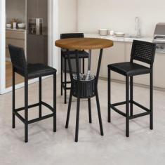 Conjunto Bistrô Bar Ripado 1 Mesa Tampo Madeira Maciça Redondo 3 Banqu