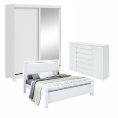Quarto com Guarda-roupa Casal 2 Portas 2 Gavetas, Cômoda 2 Portas 7 Gavetas e Cama Reali Branco