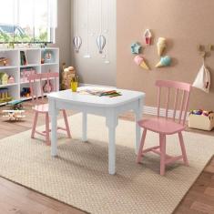 Mesa Infantil com 2 cadeiras Mariah Madeira Maciça e Laca Casatema Branco/Rosa