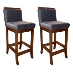 Kit 2 Banquetas Médias Estofada para Cozinha Gourmet 38x92 Cm Turim Madeira Maciça Suede Cinza ccs