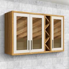 Armário Aéreo de Cozinha 120cm 3 Portas com Vidro Reflecta 100% Mdf Barbados Espresso Móveis Amêndoa/Off White