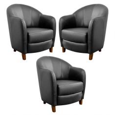 Kit 3 Poltronas Decorativas Sala de Estar Pés Madeira Kairós Couro Preto Gran Belo