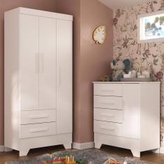 Quarto Infantil Completo Guarda Roupa 3 Portas 2 Gavetas com Cômoda Selene Branco