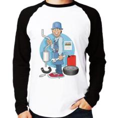 Camiseta Raglan Mecânico Manga Longa - Foca na Moda, Branco, Preto, P