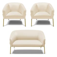 Sofá Namoradeira E 2 Poltronas Pé De Ferro Dourado Stella Corino D03 - D'rossi Cor Bege