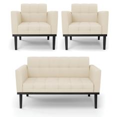 Sofá Namoradeira E 2 Poltronas Base De Madeira Preto Elisa Linho Bege A19 D03 - D'rossi