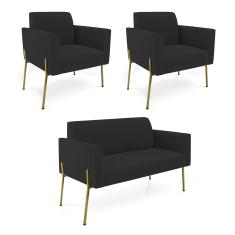 Sofá Namoradeira 2 Poltronas Pé de Ferro Dourado Marisa Veludo Preto D03 - D'Rossi