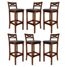 Kit 6 Banquetas Média Estofada para Bancada Madri Madeira Castanho Suede Cinza CCS