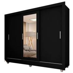 Guarda Roupa Casal Vivian 3 Pts Espelho Menor Preto Fosco - M.a Preto Fosco
