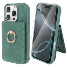 VANAVAGY Capa carteira para iPhone 16 Pro Max com suporte para cartão de crédito e bolso para moedas [suporte de anel de rotação de 360°], capa de telefone flip com fecho magnético de couro para