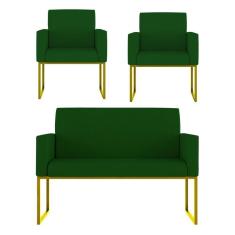 Kit Sofá 2 Lugares + 2 Poltronas Recepção Sala Base Dourada Cor:verde Verde