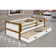 Cama Babá Infantil Bianca Solteiro c/ Cama Auxiliar Branco/amêndoa + Brinde Luminária Led Divaloto