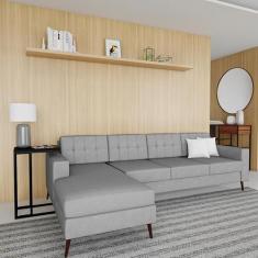 Sofá 4 Lugares Happpy com Chaise Esquerdo Pé Palito Linho Cotton Cinza