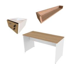 Conjunto de Mesa com Gaveteiro e Prateleira de Escritório Helen Branco e Carvalho Mel