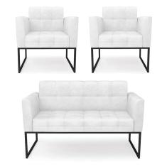 Kit 1 Sofá Namoradeira e 2 Poltronas Elisa Corano Base Metálica Industrial Preto - D`Rossi