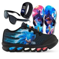 Kit Tênis De Led Infantil Menino Masculino Sonic + Chinelo + Relógio + Óculos-Masculino