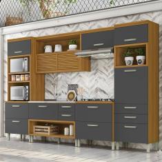 Cozinha Completa em MDF Nesher Princesa com 8 Portas 7 Gavetas e 17 Prateleiras - Freijo/Grafite 334cm