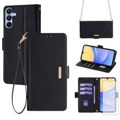 Asuwish Capa de celular para Samsung Galaxy A15 5G/4G Capa carteira com protetor de tela de vidro temperado e alça de pulso com bloqueio de RFID, suporte para cartão de crédito, suporte para celular A