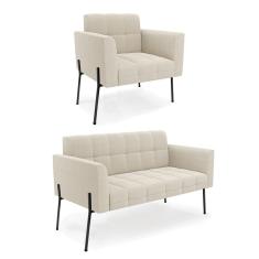 Sofá Namoradeira e Poltrona Pé Ferro Pto Elisa Bouclê Bege D03 - D`Rossi