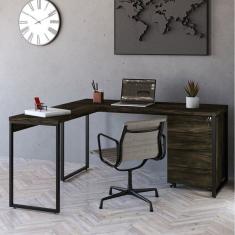 Mesa de Escritório em L Estilo Industrial 150x150cm com Gaveteiro Volante 4 Gavetas Carvalho Dark