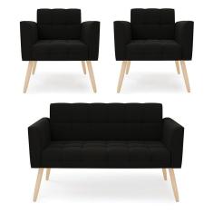 Kit 1 Sofá Namoradeira E 2 Poltronas Elisa Suede Preto Pés Palito Natural - D`rossi