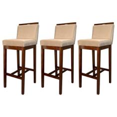 Kit 3 Banquetas Alta com Encosto Líbia Madeira Capuccino Suede Bege CC