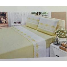 Jg Lencol Casal Super King Bordados 4 Pcs Verde 200 Fios 100% Algodao 