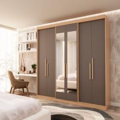 Guarda Roupa Casal 6 Portas Lugano com Espelho Cedro/Cinza