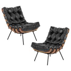 Kit 2 Poltrona Sala de Estar Costela Couro Preto Gran Belo