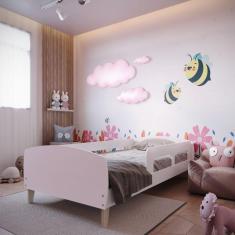 Cama Solteiro Jardim com Proteção Montessoriana Movelbras Branco/Rosa
