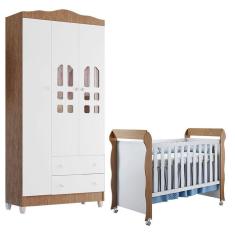 Berço Americano Mirelle e Guarda Roupa New Selena 3 Portas Branco Acetinado Amadeirado - Carolina Móveis