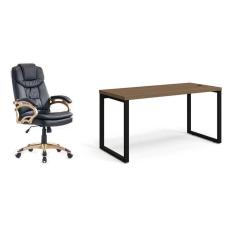 conjunto de mesa munique carvalho 150 cm com cadeira de escritório presidente giratória com relax clark preta e dourada