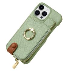Carteira de couro com zíper com porta-cartão capa de telefone para iPhone 13 12 Mini 15 14 11 Pro Max XS XR X 7 8 Plus Ring Kickstand Cover, verde, para iPhone 13