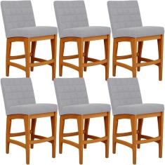 Kit 06 Banquetas Baixa Mila L02 Assento Tecido Base Fixa Encosto Estofado 90 cm Cinza Cozinha