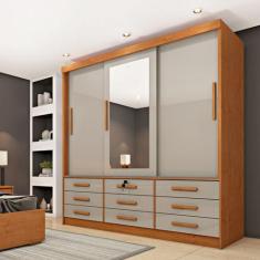 Guarda Roupa Casal com Espelho 3 Portas de Correr 9 Gavetas 199cm Chic