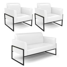 Sofá Namoradeira com 2 Poltronas Base Industrial Alta Preto Marisa Corano Branco D03 - D'Rossi