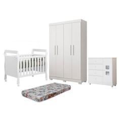 Quarto de Bebê Berço Mini Cama com Colchão, Cômoda 1 Porta 4 Gavetas e