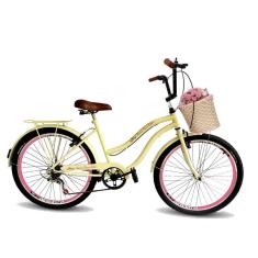 Bicicleta aro 26 feminina retrô cesta tpo vime 6 marchas beg