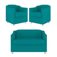 Kit Sofá Namoradeira + 02 Poltrona Tilla Recepção Sala Suede azul Turquesa