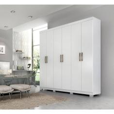 Guarda Roupa Casal em MDF 6 Portas 3 Gavetas Espelho Interno Giratório e Pés Clara Panan Móveis Branco