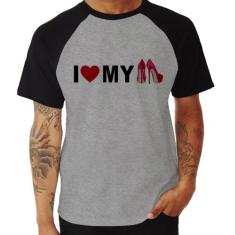 Camiseta Raglan I Love My Shoes - Foca na Moda, Cinza, Preto, GG