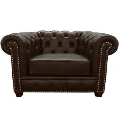 Poltrona Sala de Estar Chesterfield com Pés Madeira Couro Capucino - G