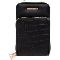 Bolsa Carteira Feminina Com Alça Textura Croco Cor:Preto - Innovaree-C