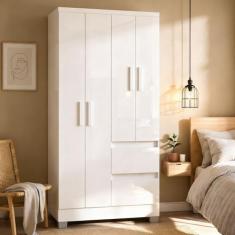 Guarda Roupa Solteiro 4 Portas 2 Gavetas Nápoles Poquema, Branco