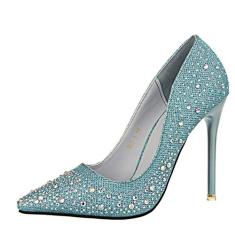 Sapato feminino Gaorui bico fino strass salto alto fino plataforma stiletto, Azul, 7.5