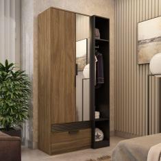 Guarda Roupa Solteiro com Espelho 2 Portas 1 Gaveta Capri Marafon Móveis Nogueira/Preto